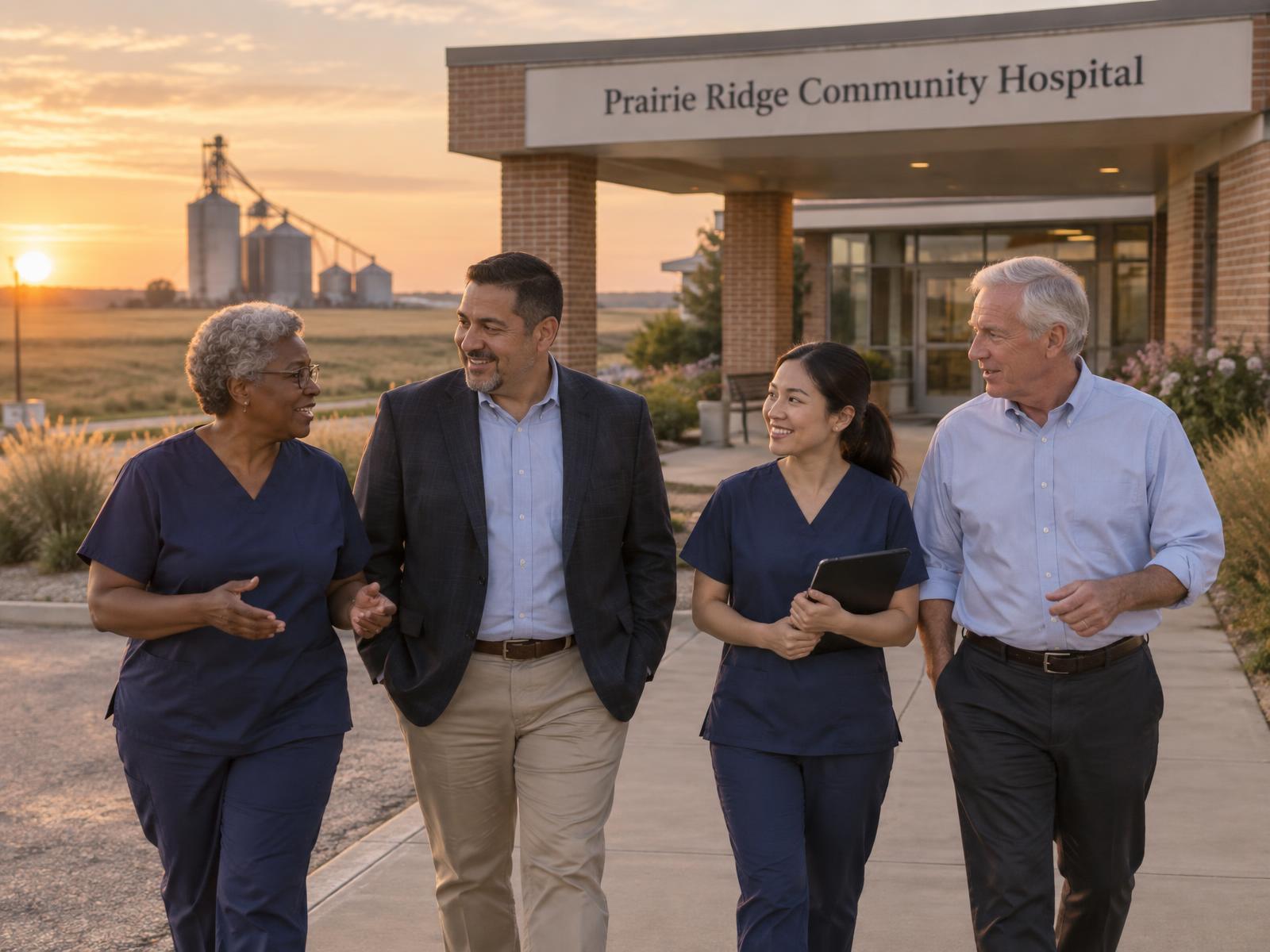 Illustrative image: a team of nurse leaders and executives outside a small-town hospital