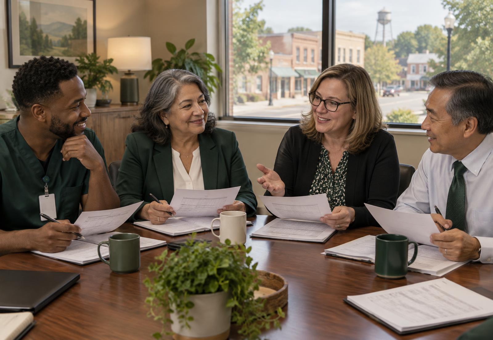 Illustrative image: a hiring panel reviewing interview scorecards
